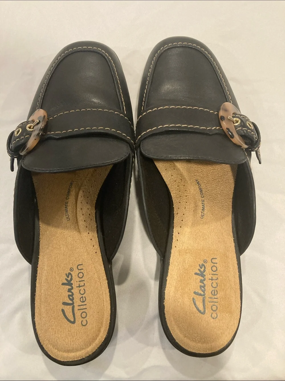 Clarks Black Leather Buckle Mule Flats